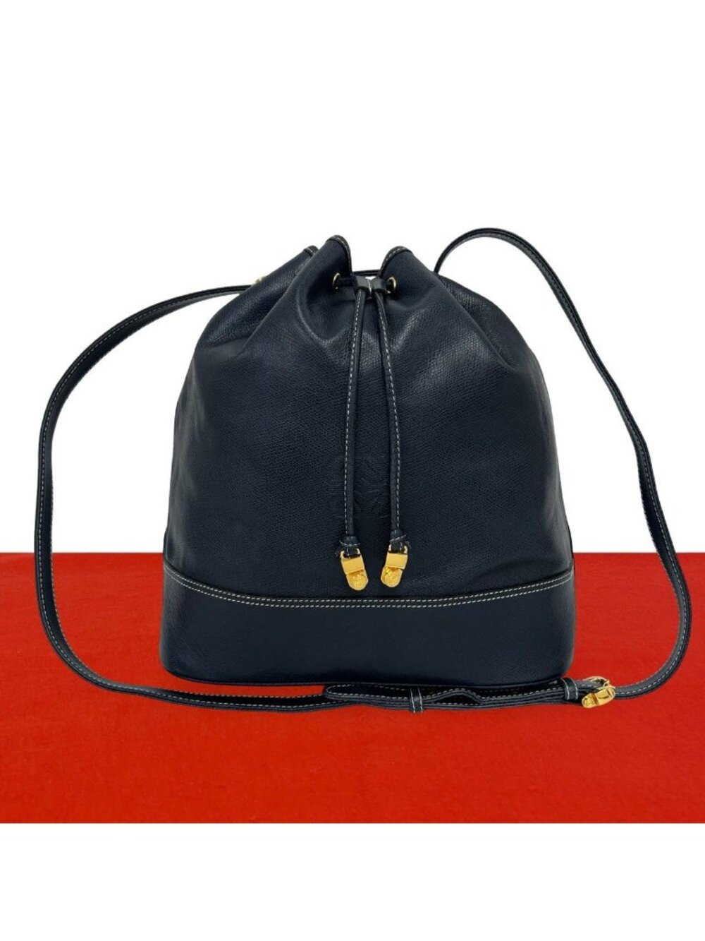 Loewe Vintage Anagram Logo Leather Drawstring Shoulder Bag Cross Navy